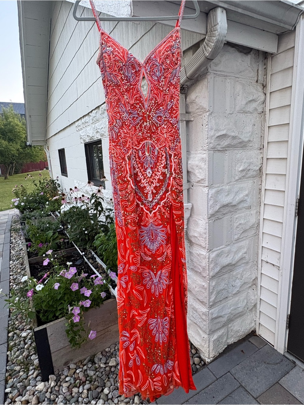 Jovani Coral and Lavender Beaded Spaghetti Strap Prom Dress - Picture 3 of 10